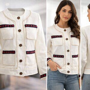 GUCCI WHITE TWEED STYLE JACKET WITH NAVY & RED TRIM